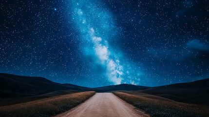 serene rural dirt road stretches into distance under starry night sky filled with Milky Way. tranquil scene evokes sense of wonder and peace, inviting exploration