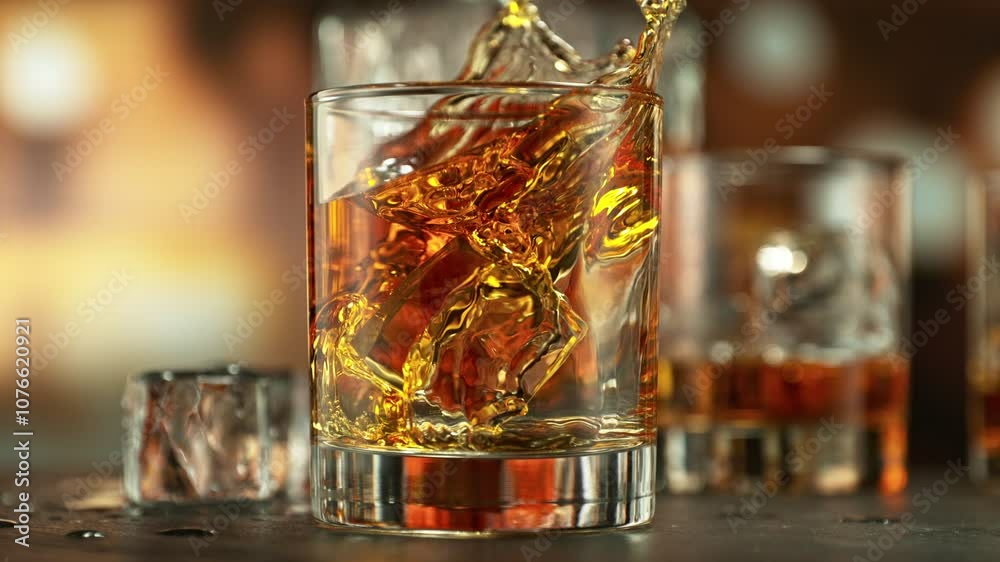 Poster super slow motion of pouring whiskey into glass. filmed on high speed cinema camera, 1000 fps. camer