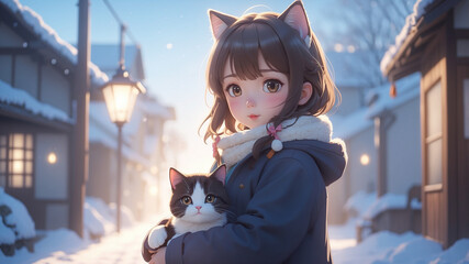 3d anime illustration of girl and cat on winter day