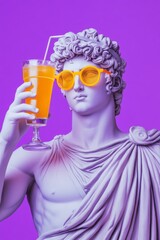 A classical marble statue creatively adorned with vibrant orange sunglasses, holding a refreshing...