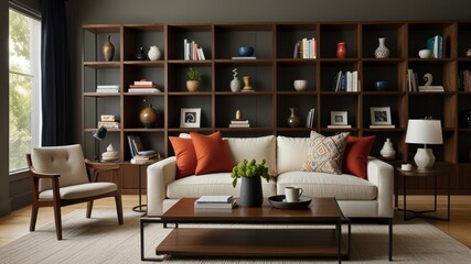 The interior of the family lounge is minimalist and luxuriously decorated with a sofa and table with a house background and wooden bookshelves