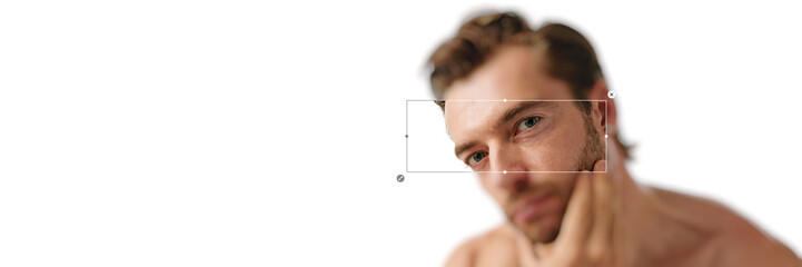 Portrait of man gently touching his face, symbolizing self-care and natural beauty. Shaving and...