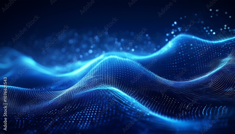 Wall mural abstract blue color digital particles wave with bokeh and light background