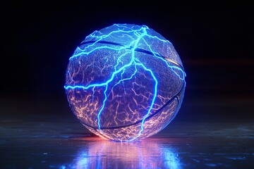 Blue lightning bolts illuminating a basketball. Generative Ai