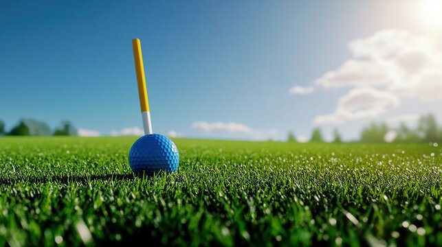 A blue golf ball on a grassy field with a tee in sunlight.
