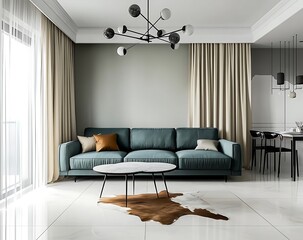 3D Rendering of a Luxurious Living Room with Marble Flooring and Classic Art