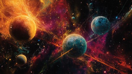 Obraz premium An abstract digital artwork depicting planets aligned in a surreal cosmic arrangement with swirling nebulae