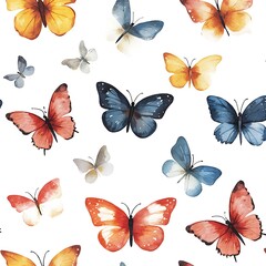 Beautiful Watercolor Butterflies Pattern on White Background for Artistic Designs, Fabric Prints, and Stationery Products Featuring Vibrant Colors and Delicate Designs