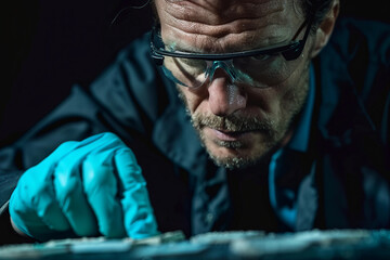 Detectives Inspecting Crime Scene with Intense Focus and Suspenseful Lighting, Generative AI