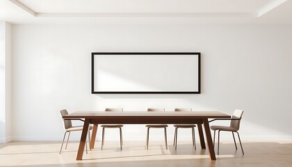 Clean, modern dining room with a horizontal frame on a wall behind a rectangular table.