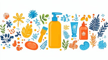 Hand-drawn Illustration of Beauty Products and Tropical Plants
