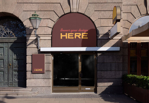 Front View of a Customizable Shop Entrance in Copenhagen With Two Spaces for Logos and Branding Options