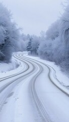Obraz premium Snow Covered Road Through Frosty Trees Leading to a Wintry Horizon