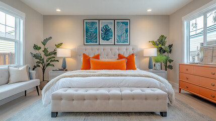 Fototapeta premium A serene and inviting master bedroom interior with large decorative wall art in a 16:9 aspect ratio above the headboard