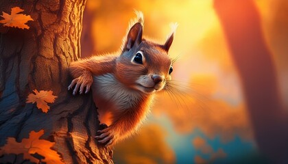 A cute squirrel playing on a tree