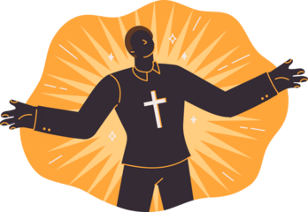 Christian preacher with cross around neck praises god by spreading ideas from gospel or bible. Flash behind christian man noticing miraculous phenomena thanks to faith in god and prayers