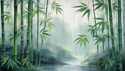 Oriental painting of a bamboo forest in the rain, depicted in Mokseon