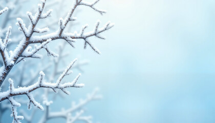 New Year Light Blue Background with Snow-Covered Branches on the Left