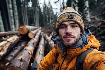 Obraz premium Generative AI image of a handsome virile bearded woodcutter at work in a traditional woodworking workshop