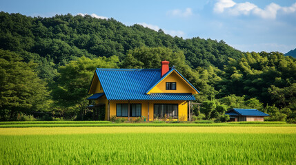 Fototapeta premium A traditional house sits gracefully among vibrant green rice fields, surrounded by verdant trees and majestic mountains under a bright blue sky.