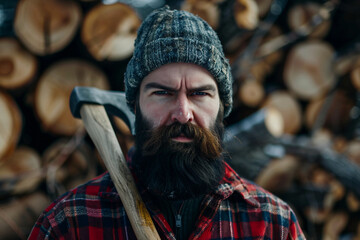 Fototapeta premium Generative AI image of a handsome virile bearded woodcutter at work in a traditional woodworking workshop