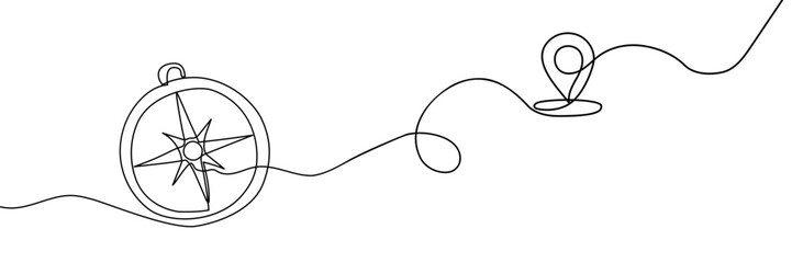 One continuous line drawing of traveler compass. Old navigate and adventure symbol in simple linear style. Business strategy and adventure concept in editable stroke. Doodle vector illustration