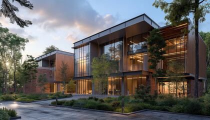 Fototapeta premium Modern luxury villas nestled in a serene forest setting at sunset.