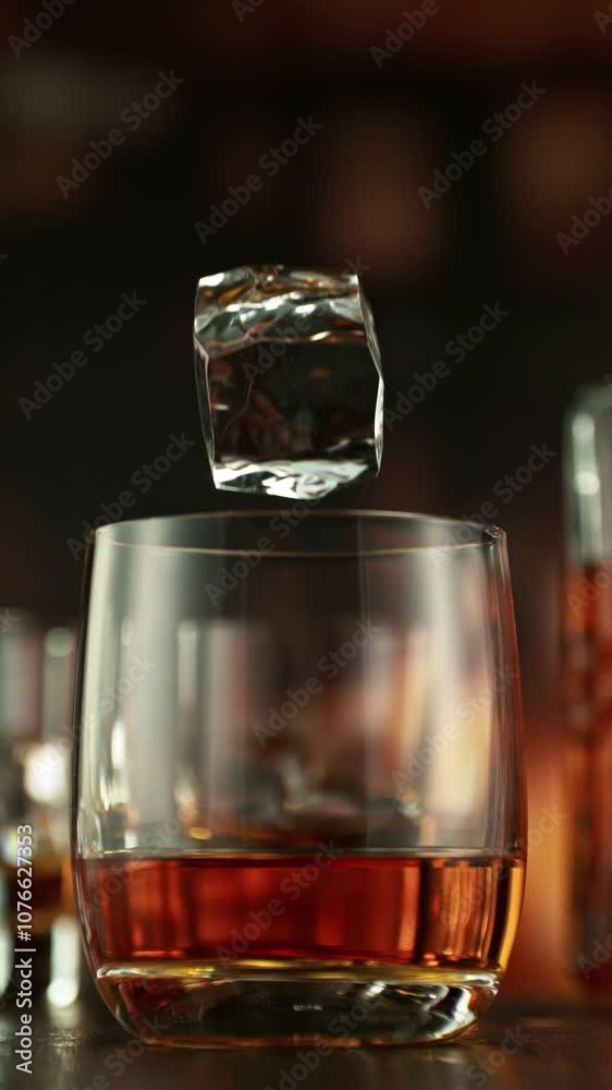 Poster Super Slow Motion of Falling Ice into Glass of Whiskey. Filmed on High Speed Cinema Camera, 1000 fps. Camera in Motion. Bar on Background, Low Depth of Focus. Vertical Aspect Ratio.