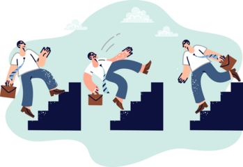 Business man climbs up career ladder and falls down or reaches goal in professional growth. Different results for men striving for success on dangerous career ladder that can ruin lives