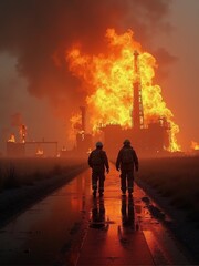 Firefighters responding to a major industrial blaze at an oil refinery plant during dusk, highlighting a dramatic rescue operation