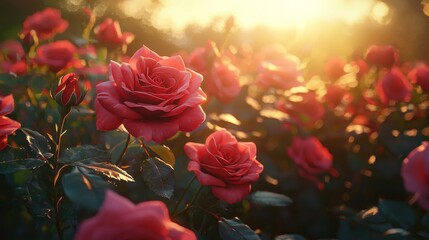 Vibrant Red Roses Blooming in Glowing Sunlight Romantic and Dreamy Floral Background