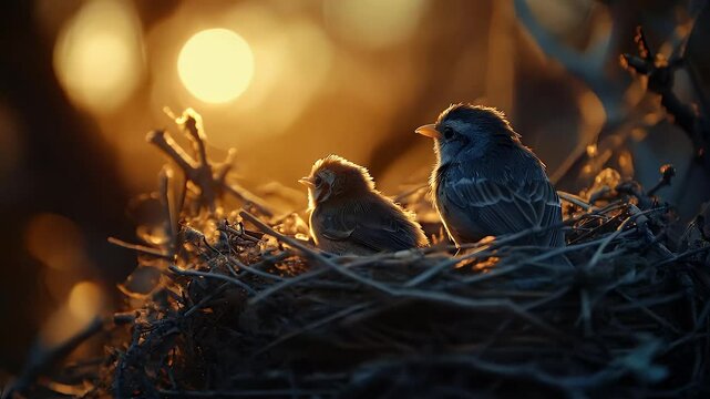 A pair of chicks in a nest on a beautiful afternoon
