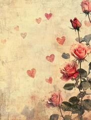 Vintage Postcard Style of Romantic Rose Flowers and Hearts