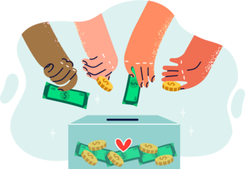 Charity and fundraising among people throwing banknotes and coins into glass box. Charity fund for donations to help sick patients of social hospitals or homeless animals found on street