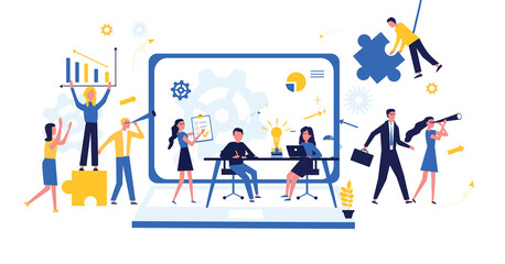 Business concept. Team metaphor. People connect puzzle elements. Flat illustration in flat design style. Teamwork, collaboration, partnership. Businessmen working together and moving towards success.