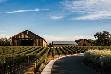 Vineyard entrance with barns and a scenic mountain view
