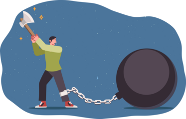 Attempt to get freedom from weight chained to leg, from man using axe, thanks ambition. Guy wants to get freedom from problems and troubles that have become obstacles on path at success