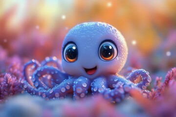 A cute octopus with bright eyes explores a magical underwater world at dusk