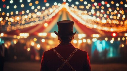 A man in a red costume stands in front of a circus tent