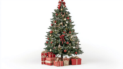elegant Christmas tree with a sophisticated color scheme of red and gold with a bunch of gifts underneath it.