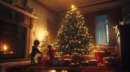 traditional Christmas tree decorated with classic red and gold ornaments.