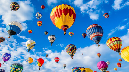 Fototapeta premium A breathtaking sight of colorful hot air balloons soaring through a vibrant blue sky.