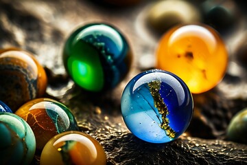 very neat few marbles, yellow, orange, blue, green, realistic, detailed, detailed