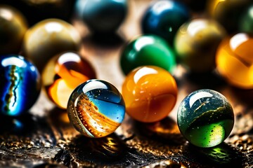 very neat few marbles, yellow, orange, blue, green, realistic, detailed, detailed