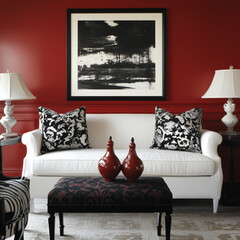 small red living room with elegant black and white 
