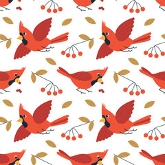 Red northern cardinal birds seamless pattern. Winter flat vector illustration with bird, branches and berries cartoon cute style. Hand drawn design element for wrapping, wallpaper, banner background.