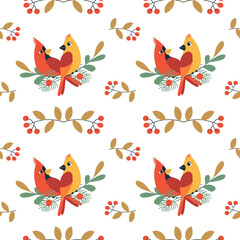 Fototapeta premium Red northern cardinal birds seamless pattern. Winter flat vector illustration with bird, branches and berries cartoon cute style. Hand drawn design element for wrapping, wallpaper, banner background.