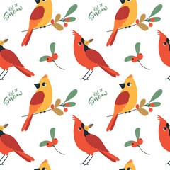 Red northern cardinal birds seamless pattern. Winter flat vector illustration with bird, branches and berries cartoon cute style. Hand drawn design element for wrapping, wallpaper, banner background.