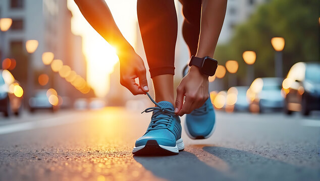 Wearable fitness tracker with wearable smart technology, Urban runner, tying shoelaces, city street at sunset