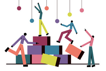 Illustration of a team of people building together to reach new heights